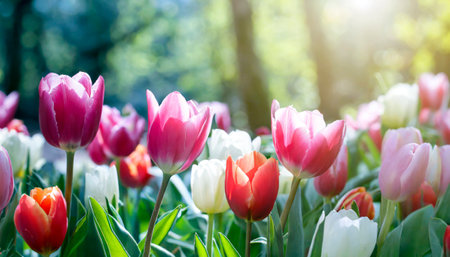 Colorful tulip flowers blooming in the garden, stock photoの素材