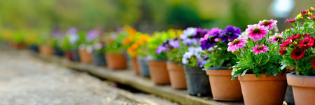 Variety of colorful flowers in pots in garden. Panoramic bannerの素材