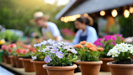 Planting flowers in pots on table in garden center, closeupの素材