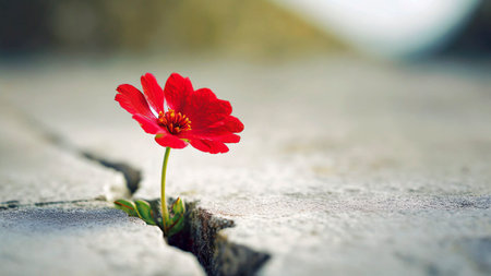 Red flower growing through crack in the ground, selective focus. Concept of strength and resilienceの素材