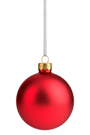 Red christmas ball hanging on white backgroundの素材