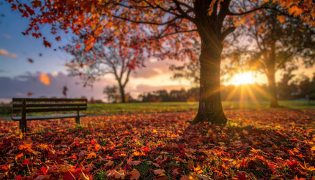 Sunset in the autumn park with a bench and fallen leaves.の素材