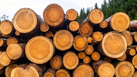 Pile of sawn tree trunks in forest, closeupの素材