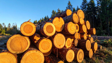 Pile of pine logs in the forest at sunset. Nature backgroundの素材