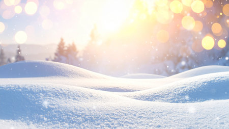 Winter landscape with snowdrifts and bokeh lights. Christmas background.の素材