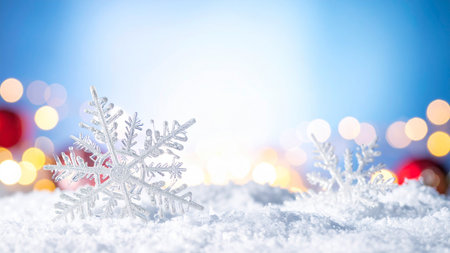 Christmas background with snowflakes on snow and bokeh lightsの素材