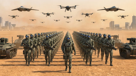 Futuristic army of humanoid robots with guns and flying dronesの素材