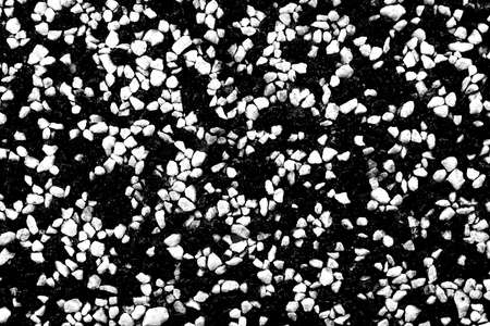 A wall, a floor consisting of many small stones of black and white colors. A wall with cracksの写真素材