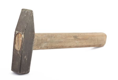 Old hammer with wooden handle isolated on white backgroundの写真素材