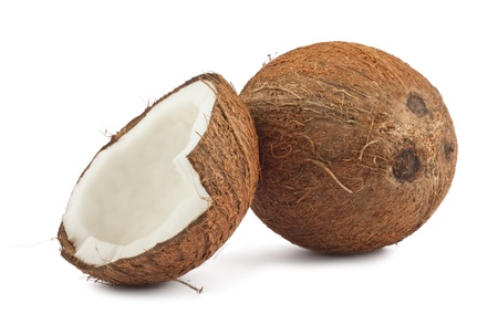 Fresh full and half of coconut isolated on white backgroundの写真素材