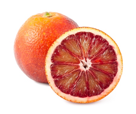 Full and half of blood red oranges isolated on white backgroundの写真素材