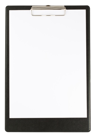 Black clipboard and papers isolated on white backgroundの写真素材