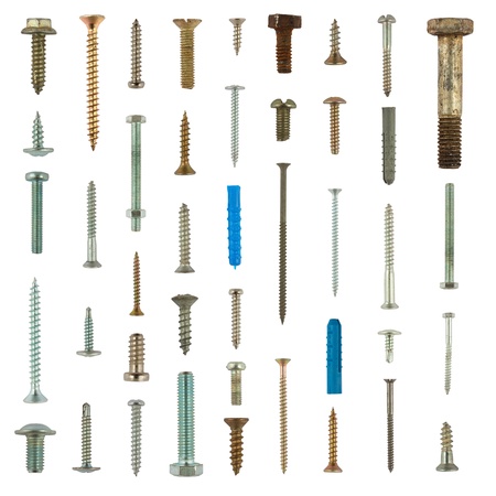 Screws, dowels and bolts collection isolated on white backgroundの写真素材