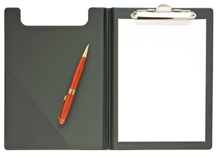 blank black clipboard with a wooden pen isolated on white backgroundの写真素材