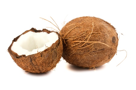 Fresh full and half of coconut isolated on white backgroundの写真素材