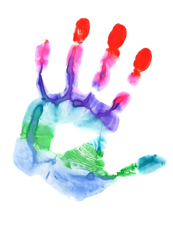 Close up of colored hand print on white backgroundの写真素材