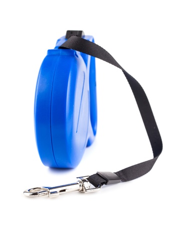 Blue retractable leash for dog isolated on white backgroundの写真素材