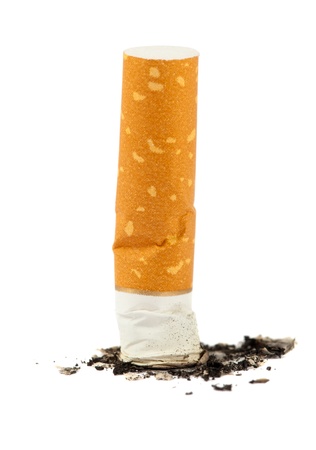 Cigarette butt with ash isolated on white backgroundの写真素材