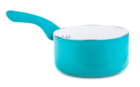 Empty blue stainless steel pot isolated on a white backgroundの写真素材
