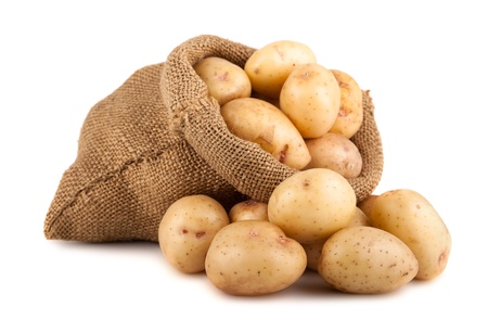 Ripe potatoes in burlap sack isolated on white background Ripe potatoes in burlap sack isolated on white background