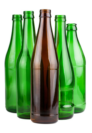 Five empty bottles without labels isolated on white backgroundの写真素材