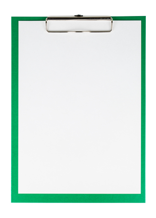 Green clipboard with a blank sheet of paper isolated on white backgroundの写真素材