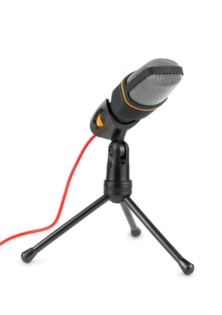 Black microphone with stand isolated on a white backgroundの写真素材