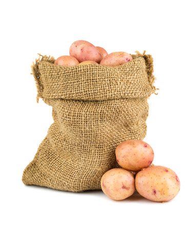 Ripe potatoes in burlap sack isolated on white backgroundの写真素材