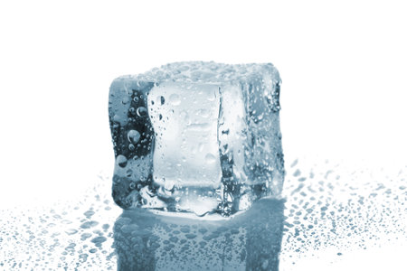 Melting ice cube with reflection isolated on white backgroungの写真素材