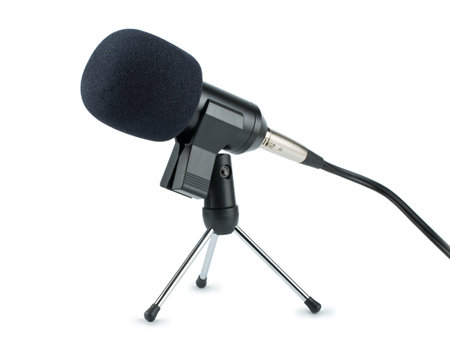 Black microphone on tripod isolated on white backgroundの写真素材