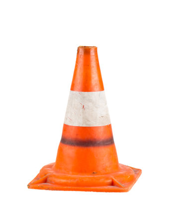 Shabby traffic cone isolated on white backgroundの写真素材