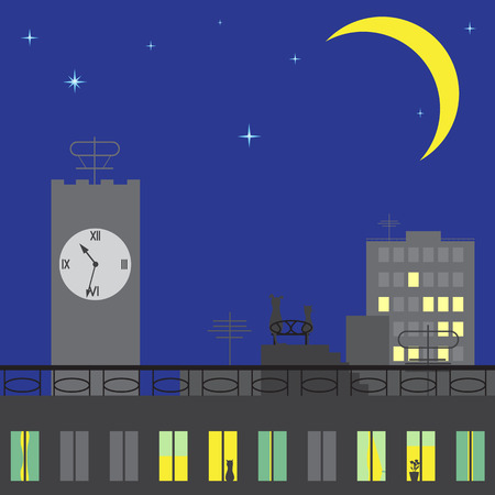 Cat and dog sitting on roof of big house of big city and looking on starsのイラスト素材