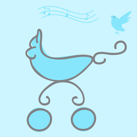 Baby boy arrival card with a pram and singing birdのイラスト素材