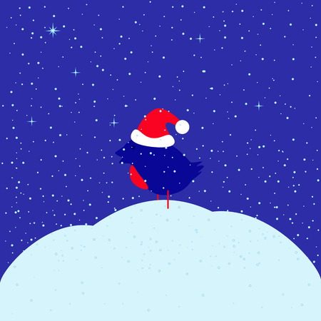 Greeting card with bullfinch in red Christmas hat sitting on snowdrift under snowfall and dark blue evening sky with glittering stars with space for your own text. May used as Christmas, New Year or baby shower greeting cardのイラスト素材