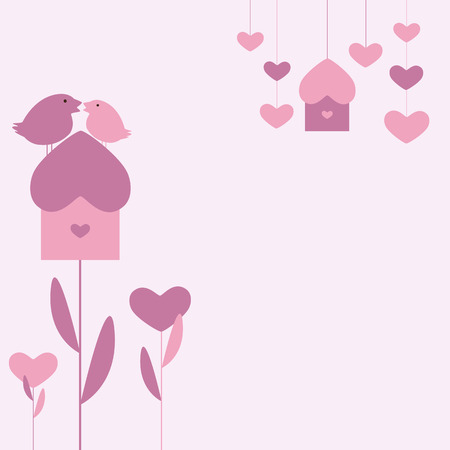Saint Valentine`s or marriage day pink background with two birds sitting on growing as flower nesting box, growing hearts and hanging nesting box and heartsのイラスト素材