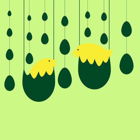 Easter background with two cute yellow chickens hanging in eggshell and egg garlandsのイラスト素材