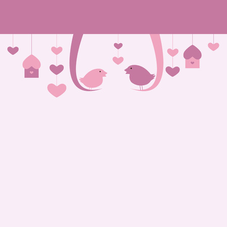 St Valentine`s day card or marriage invitation with two swinging birds, hanging nesting boxes and heartsのイラスト素材