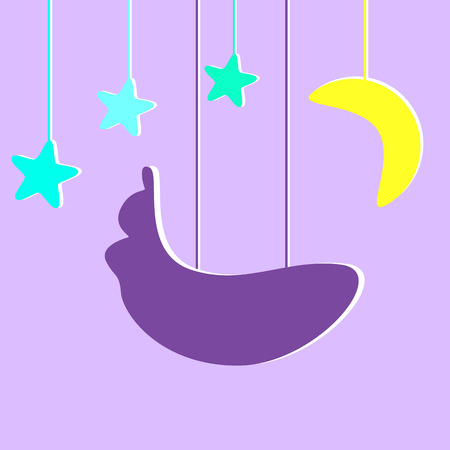 Baby shower card with violet colored cradle and several blue stylized stars and one yellow moon hanging over itのイラスト素材
