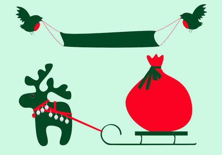 Christmas card with cute green reindeer and sleigh with big red bag and two birds keeping poster with space for your congratulatory textのイラスト素材