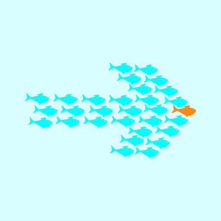 School of cute celadon fish swimming in shape of arrow behind its gold fish leader. Concept of success and business achievementsのイラスト素材