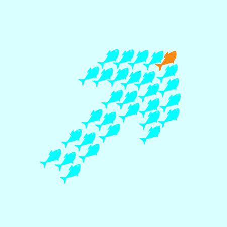 School of cute celadon fish swimming in shape of up arrow behind its gold fish leader. Concept of success and business achievementsのイラスト素材