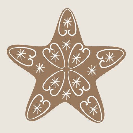 Christmas star cookie decorated with vignettes and snowflakes on beige backgroundのイラスト素材