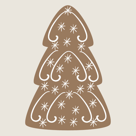 Christmas tree cookie decorated with vignettes and snowflakes on beige backgroundのイラスト素材