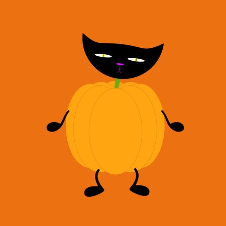Orange pumpkin on two black legs and two black legs with black cat head on green neck isolated on bright orange background. Ðalloween decoration vector elementのイラスト素材