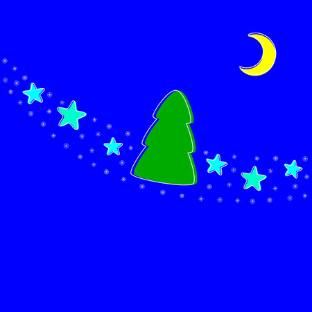 Christmas background with snowflakes, stars, moon and Christmas tree and space for your text. Good for invitation or postcardのイラスト素材