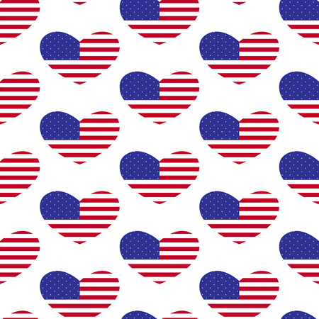 Seamless background with American flag in the shape of heart isolated on white background. For wallpaper, wrapping paper, textile decorationのイラスト素材
