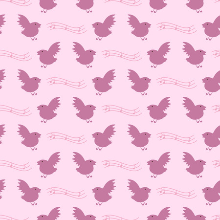 Seamless background with cartoon birds and notes isolated on light pink backgroundのイラスト素材