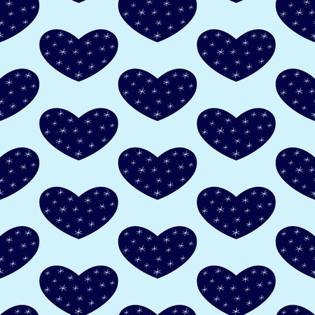Seamless pattern with repeating dark blue hearts decorated with stylized snowflakes isolated on light blue backgroundのイラスト素材