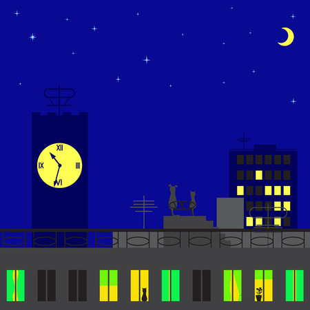 Cat and dog sitting on roof of big house of big city looking on stars and moonのイラスト素材