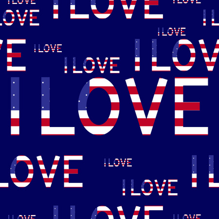 Seamless background with American flag in the shape of I love lettering isolated on navy background. For wallpaper, wrapping paper, textile decorationのイラスト素材